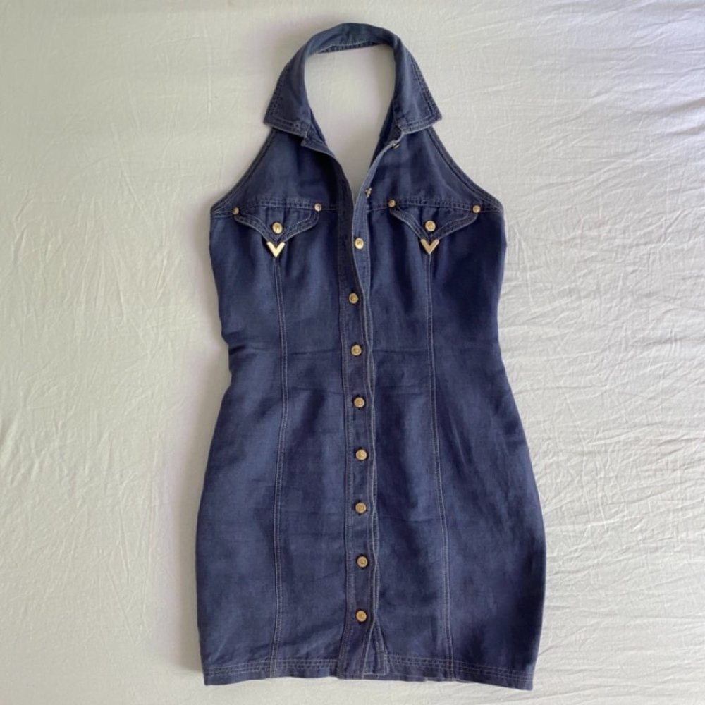 Vintage 90's Versace Denim Halter Top Dress- RARE